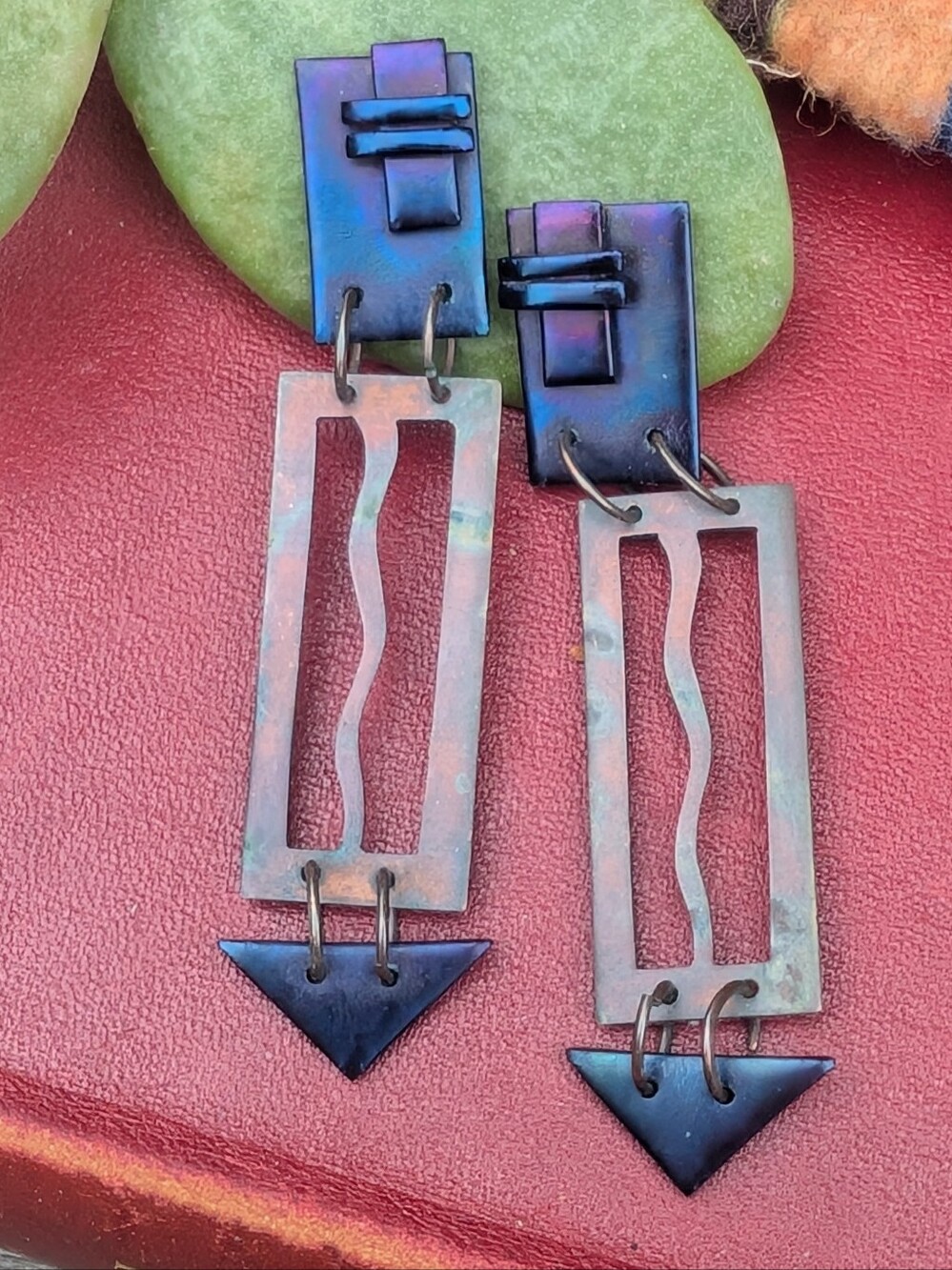 Vintage Iridescent Geometric Dangle Earrings - Blue & Purple Tones